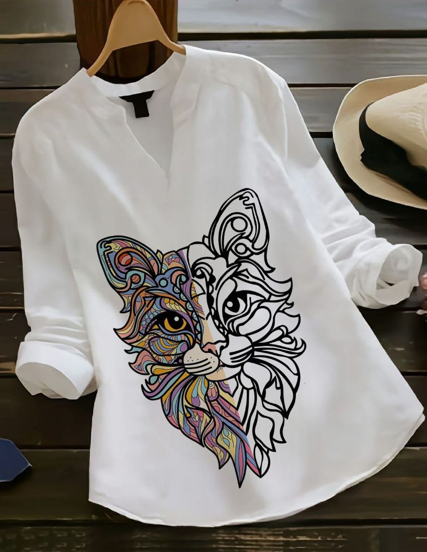 MystiCat Art Graphic Print White Rayon Top