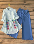 Elegant Floral Printed Tunic Top with Sky Blue Palazzo Set