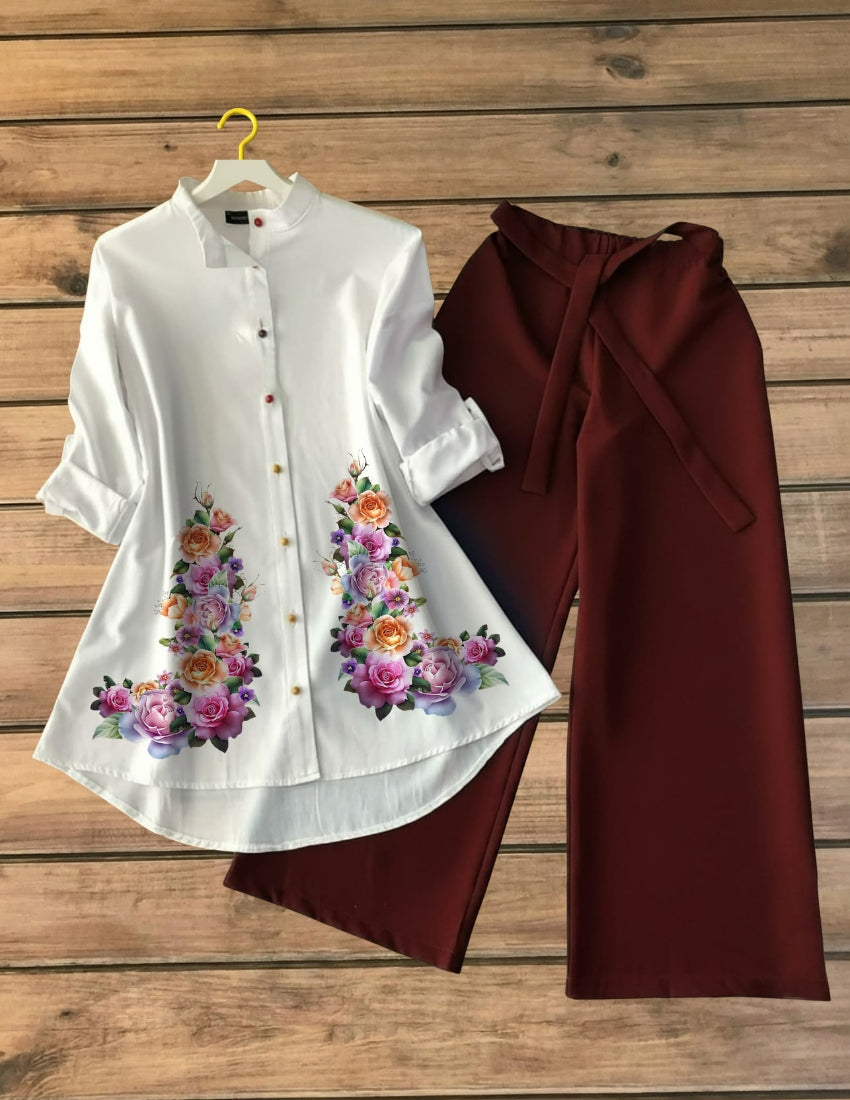 Elegant Floral Printed Tunic Top with Burgundy Palazzo Set