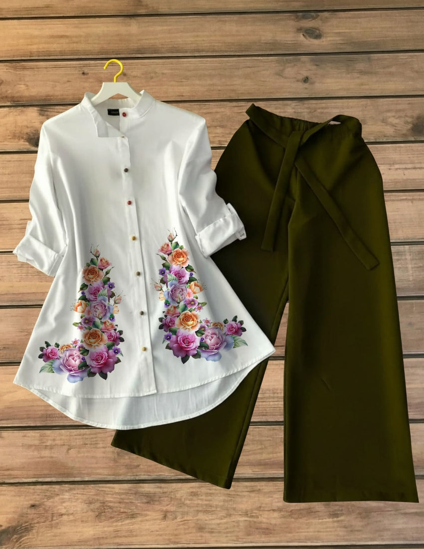Emerald Flora Printed Tunic Top with Olive Palazzo Set