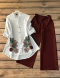 Minimal Floral Ivory Shirt with Red Wine Palazzo Set