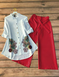Ivory Bloom Printed Shirt with Vibrant Red Palazzo Set