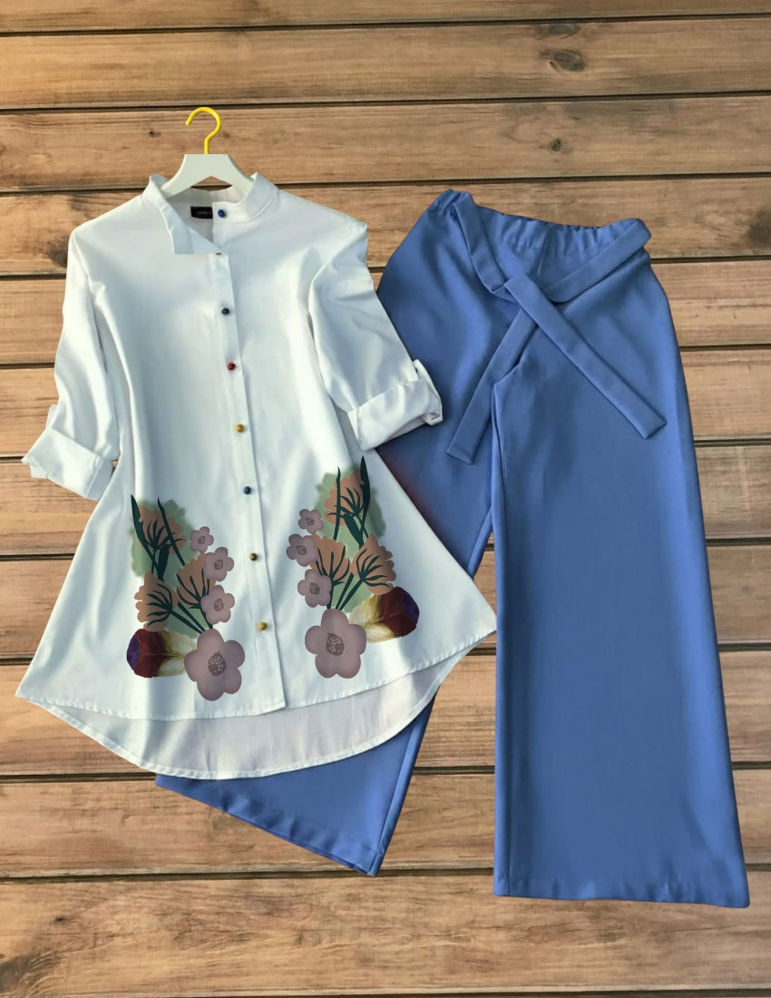 Ivory Printed Shirt with Light Blue Palazzo Set