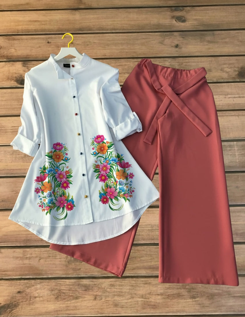 Garden Flower Printed Shirt with Rust Palazzo Set