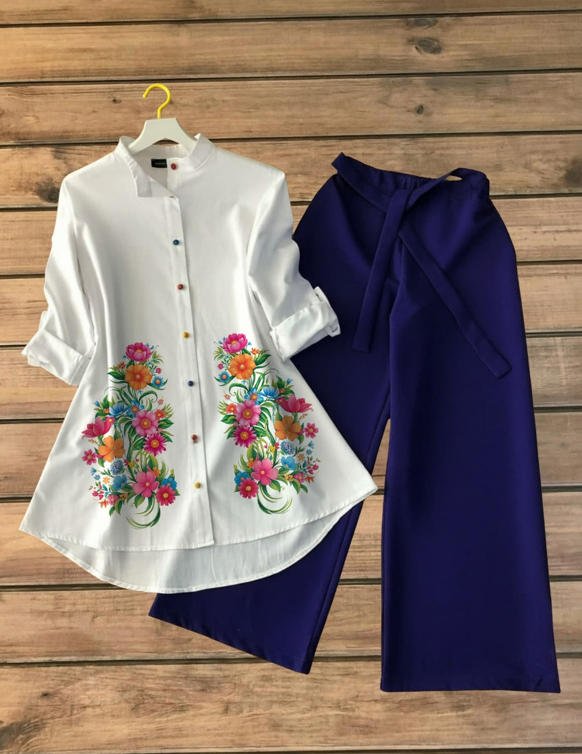 Garden Flower Printed Shirt with Navy Blue Palazzo Set