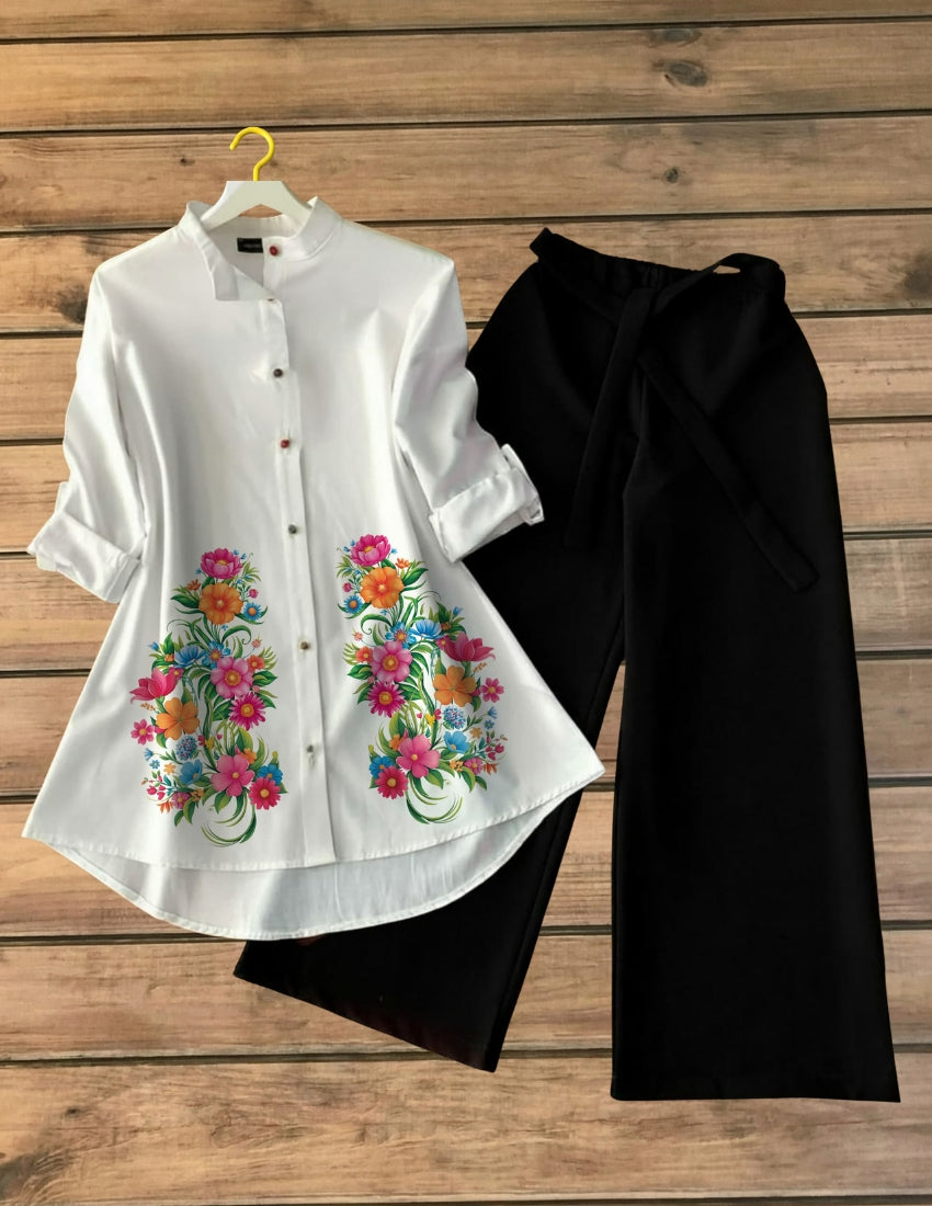 Flower Print Shirt with Black Palazzo Set