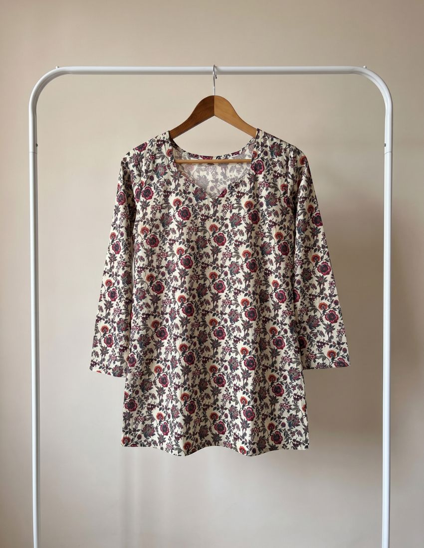 Wine Red Flower Top - Cream