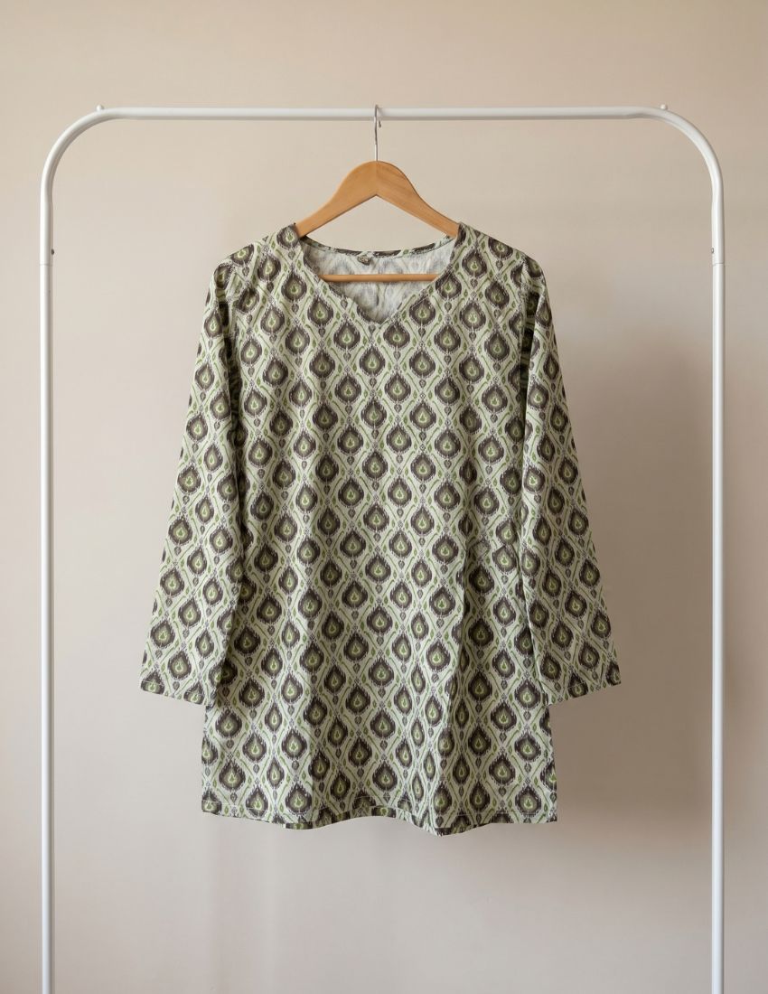 Teardrop Motif Print Top - Sage Green