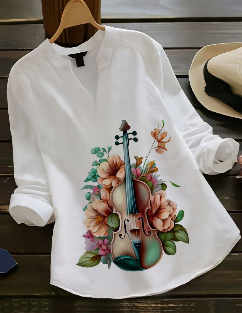 Women's Boho Musical Floral White Top