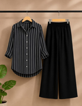 Elegant Monochrome Striped Shirt & Black Palazzo Set