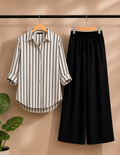 Beige Stripe Shirt & Black Palazzo