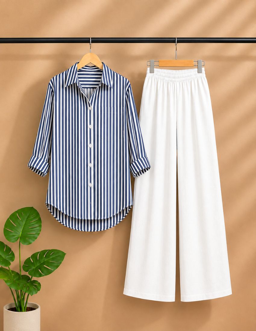 Navy Blue Stripe Shirt & Palazzo