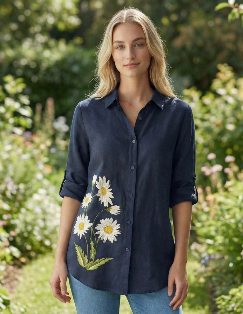 Daisy Print Navy Blue Rayon Women’s Top