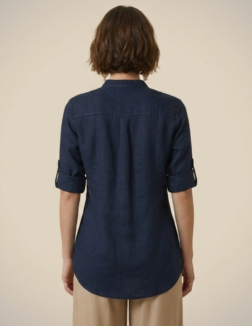 Deep Blue Rose Vine Print Button-Down Top