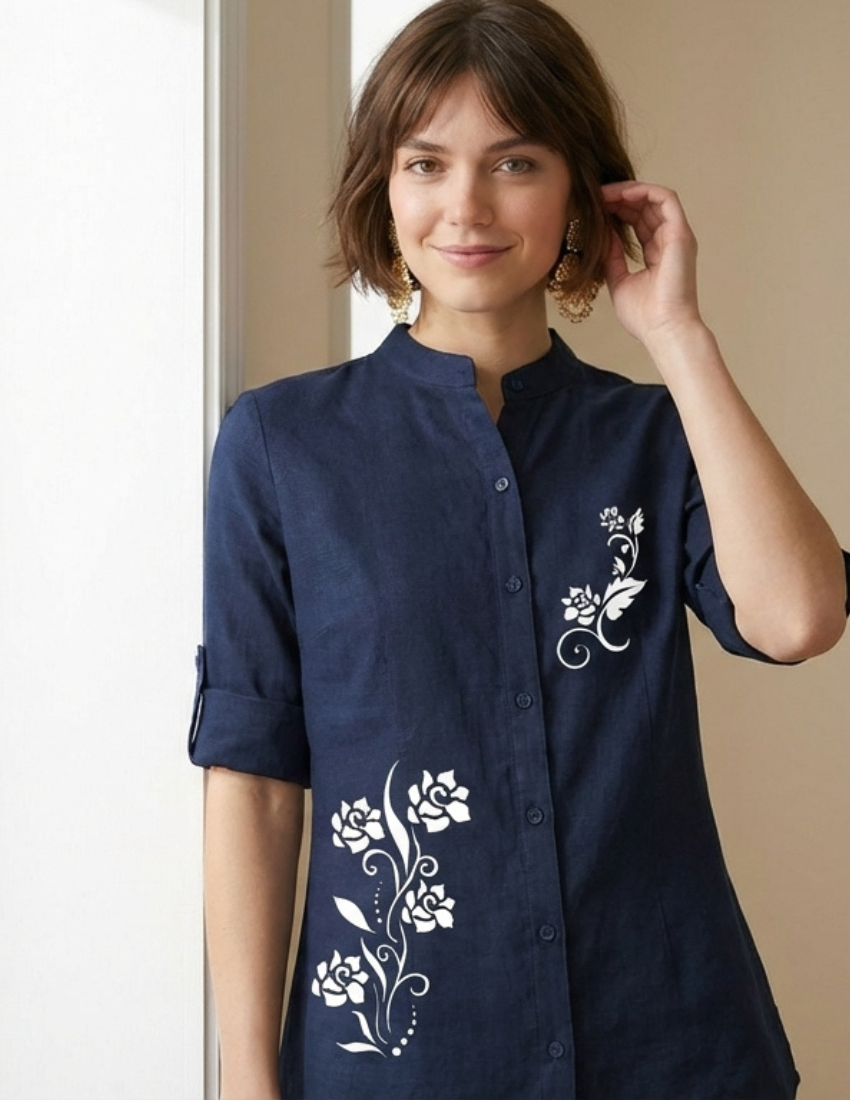 Deep Blue Rose Vine Print Button-Down Top