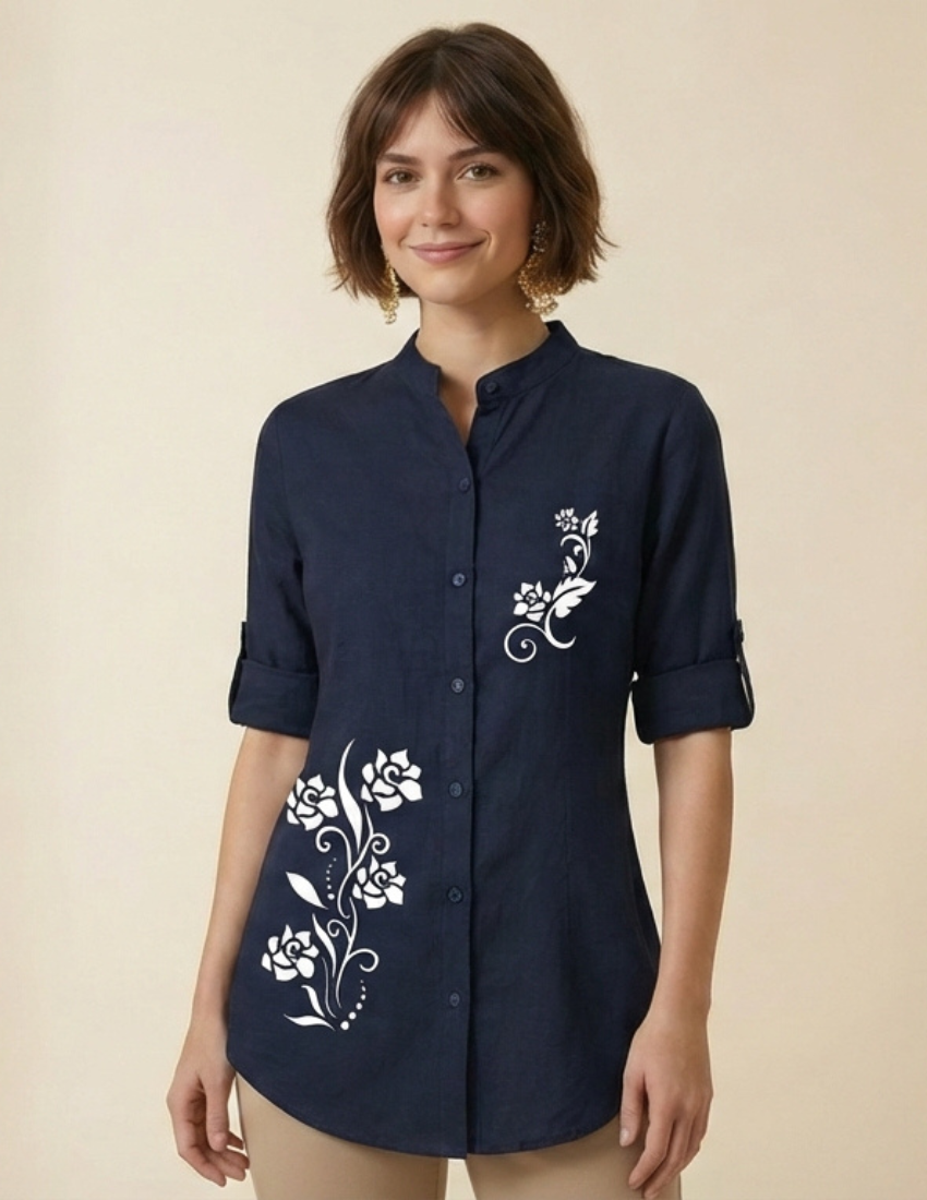 Deep Blue Rose Vine Print Button-Down Top