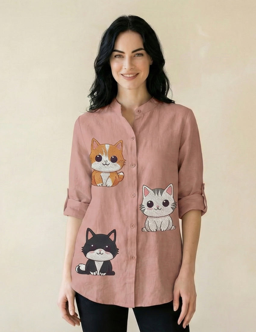 Blush Pink Cartoon Cat Design Stylish Button-Down Top