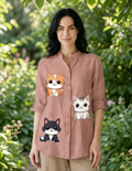 Blush Pink Cartoon Cat Design Stylish Button-Down Top