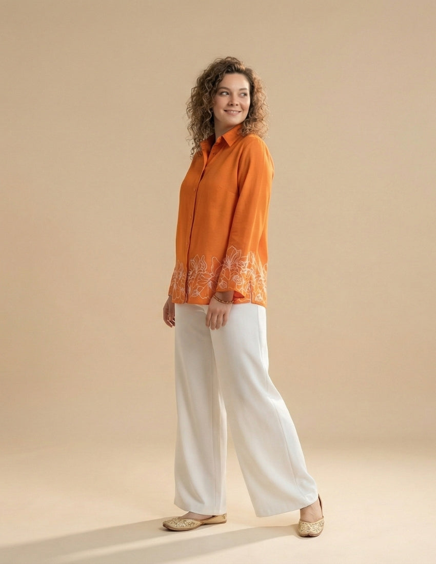 Bright Orange Shirt and White Pant
