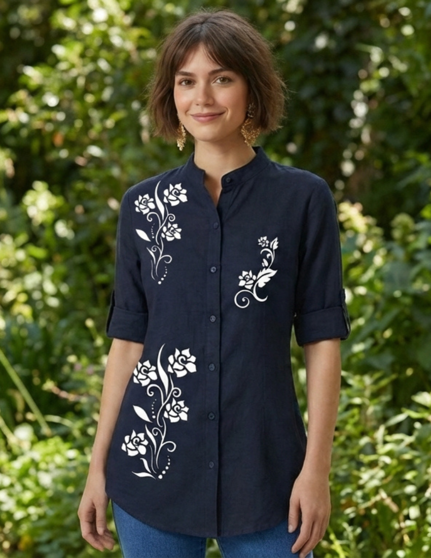 Deep Blue Rose Vine Print Button-Down Top