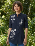 Deep Blue Rose Vine Print Button-Down Top