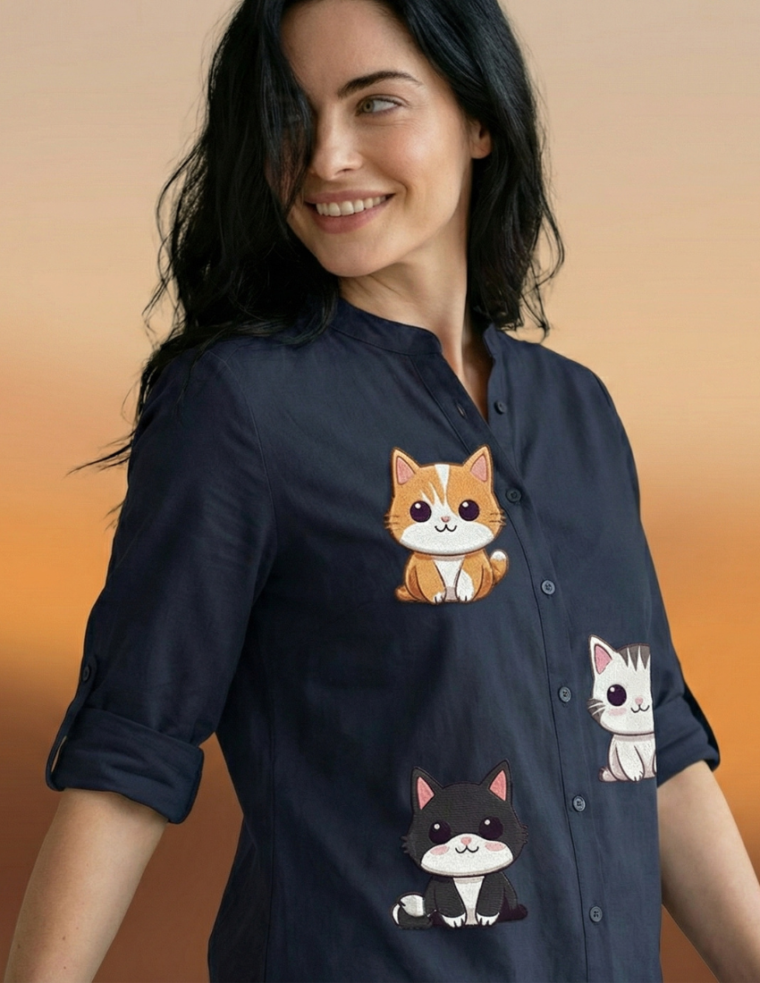 Comfortable Cute Cat Printed Top –  Midnight Blue