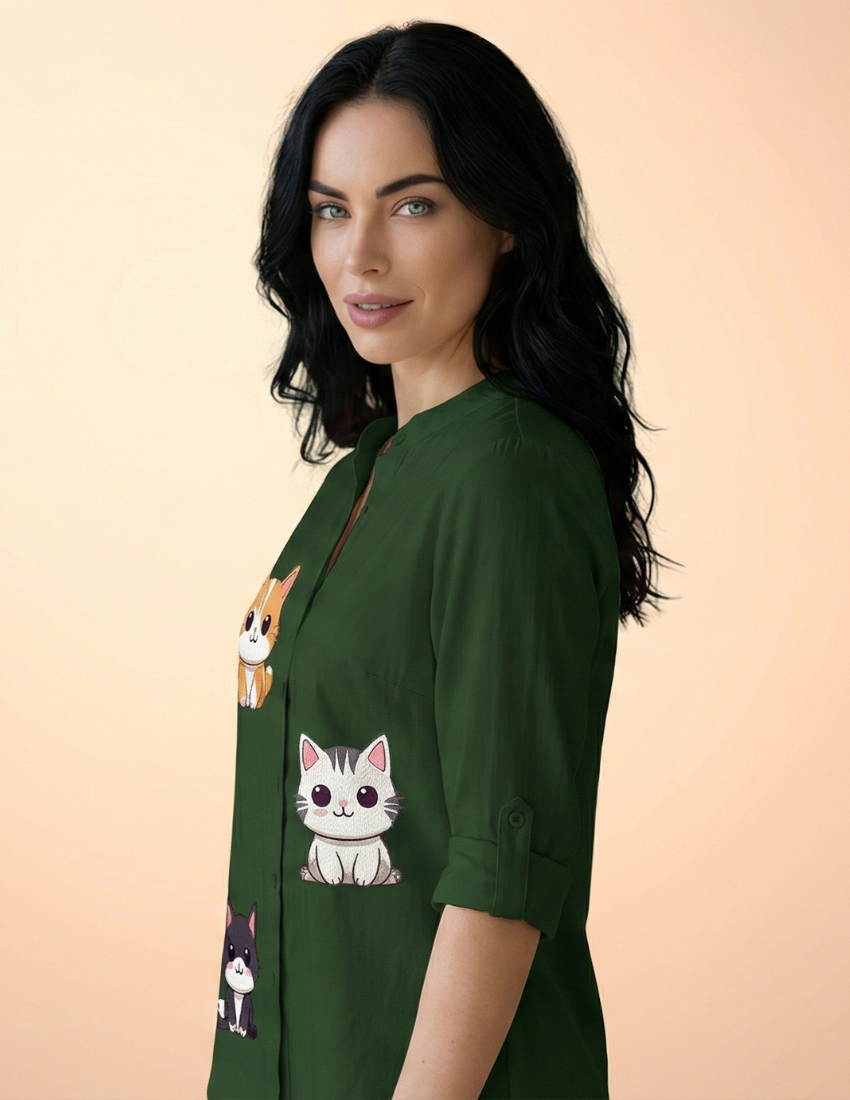 Hunter Green Playful Cats Print Women's Top