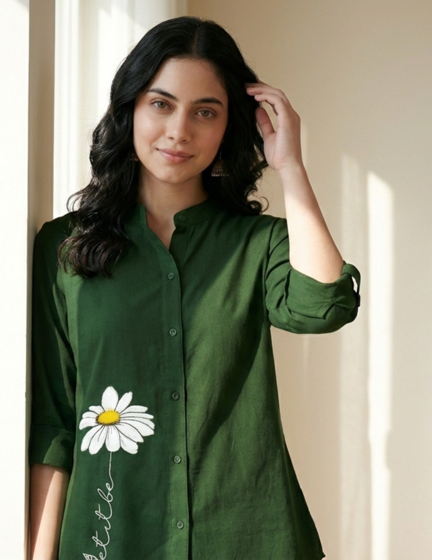 Dark Green Daisy Printed Western Top