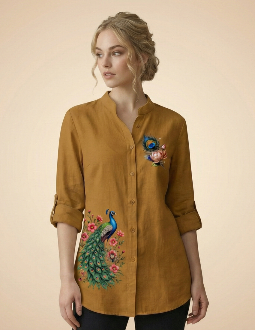 Mustard Yellow Peacock Print Longline Top