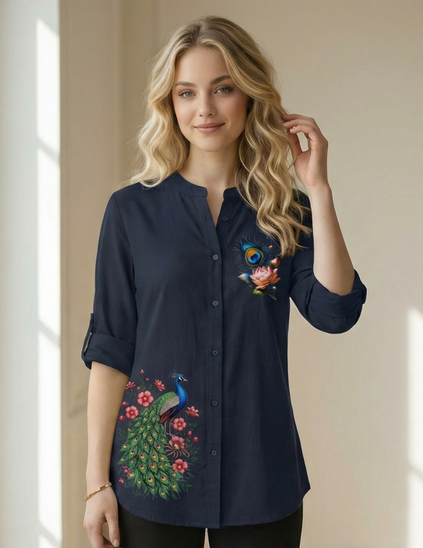 Navy Blue Peacock & Lotus Printed Long Top