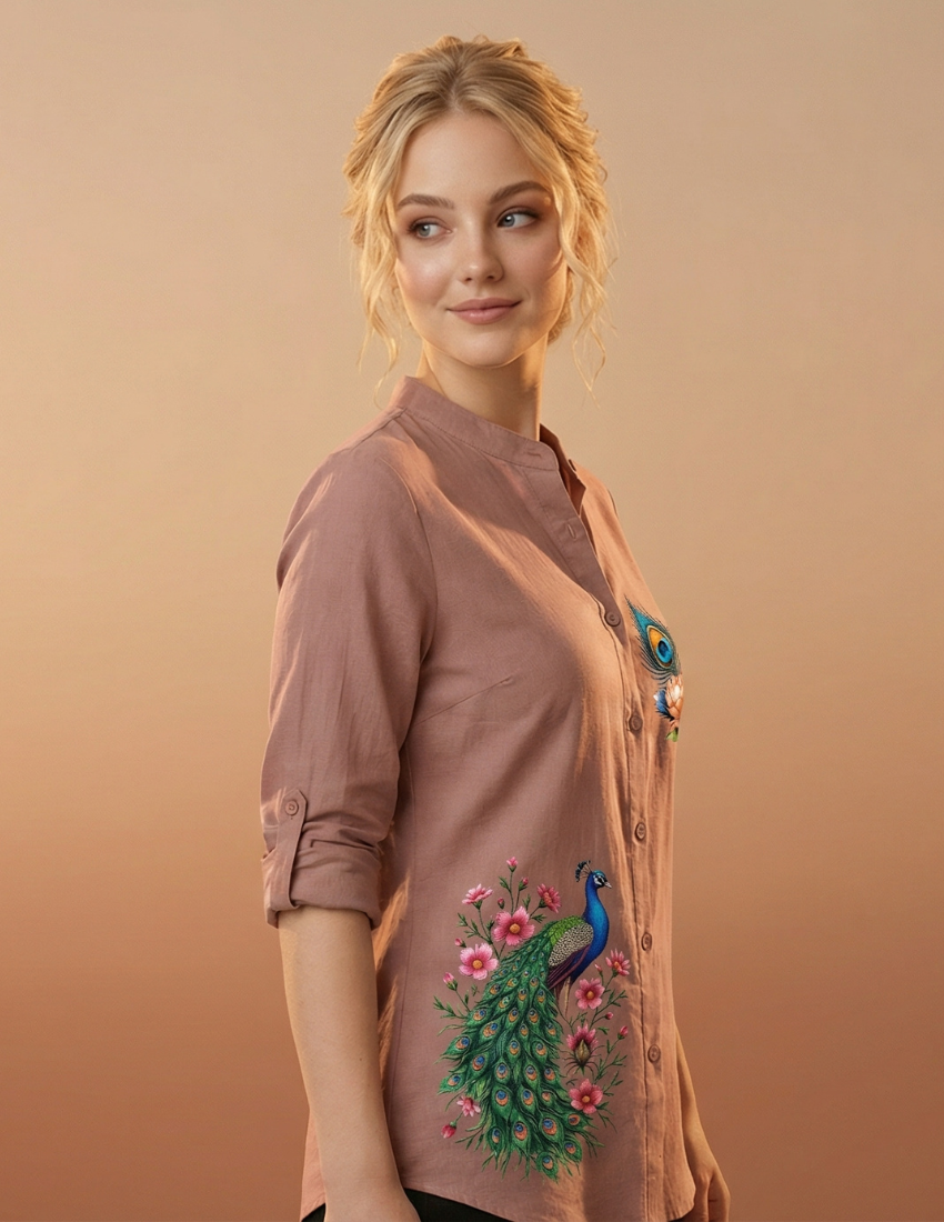 Elegant Peach Floral Peacock Designer Top