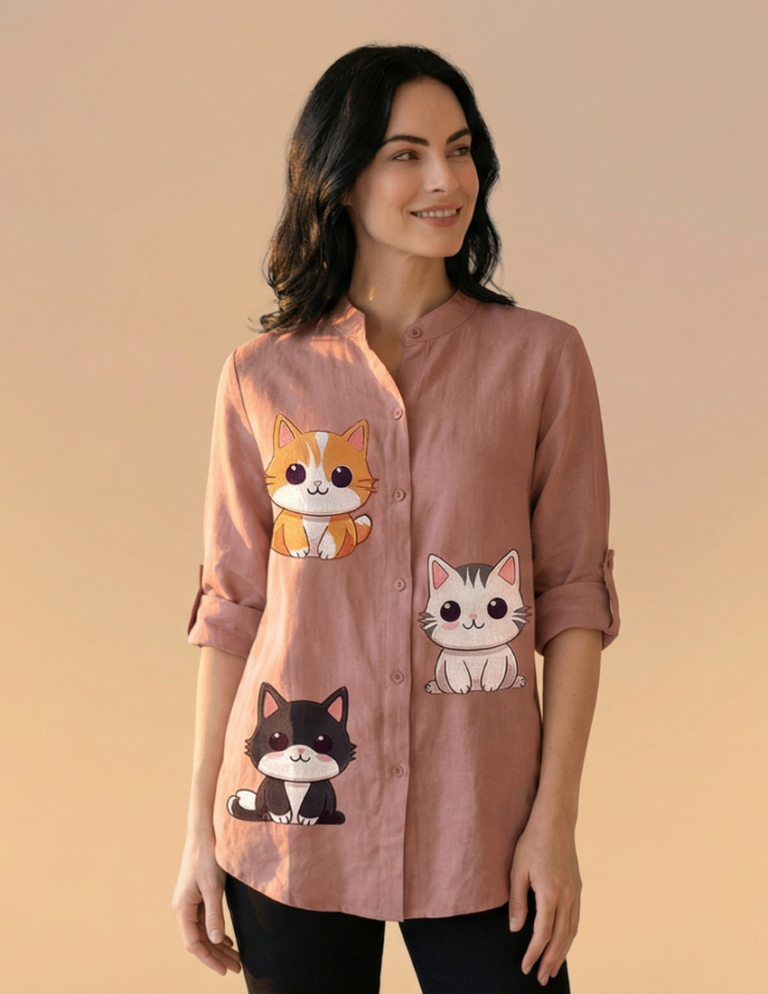Blush Pink Cartoon Cat Design Stylish Button-Down Top