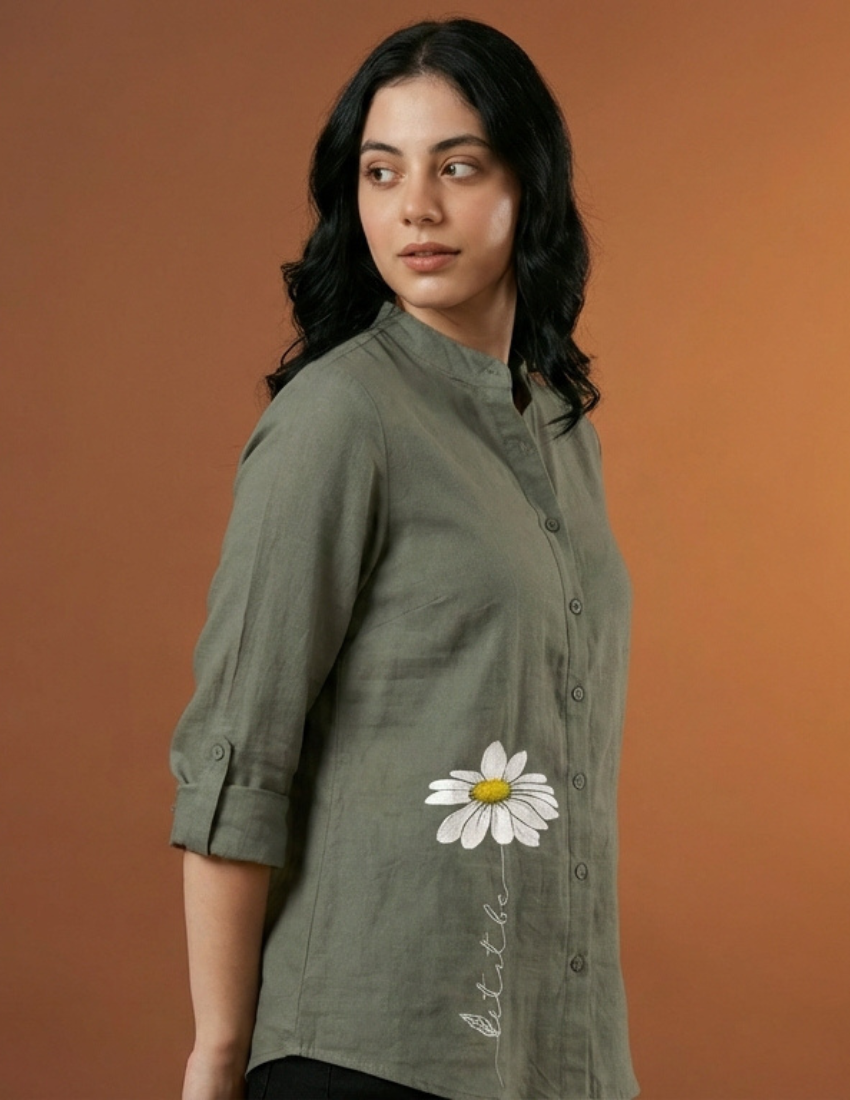 Grey Button-Down Top with Daisy Print