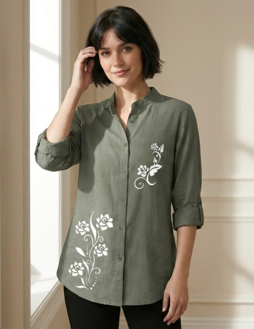 Rose Vine Printed Grey Button-Down Top