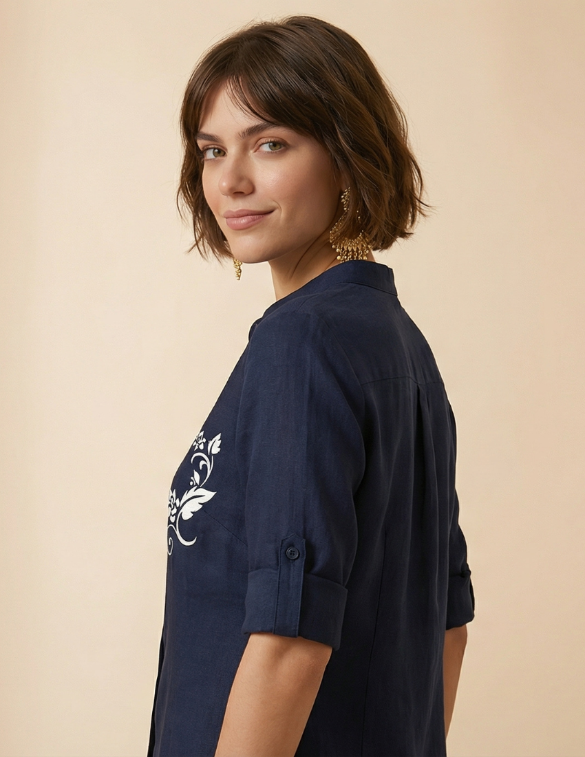 Deep Blue Rose Vine Print Button-Down Top