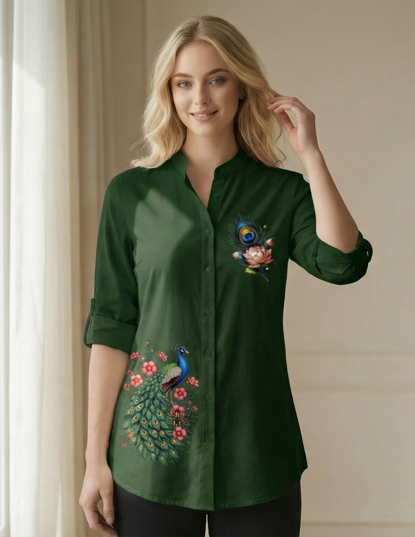 Elegant Emerald Peacock Floral Print Top