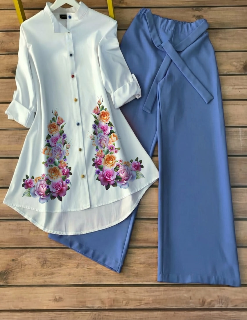 Pastel Rose Printed White Tunic with Sky Blue Pant