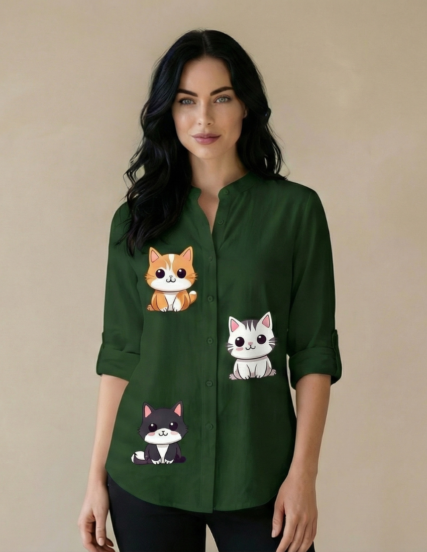Hunter Green Playful Cats Print Women's Top