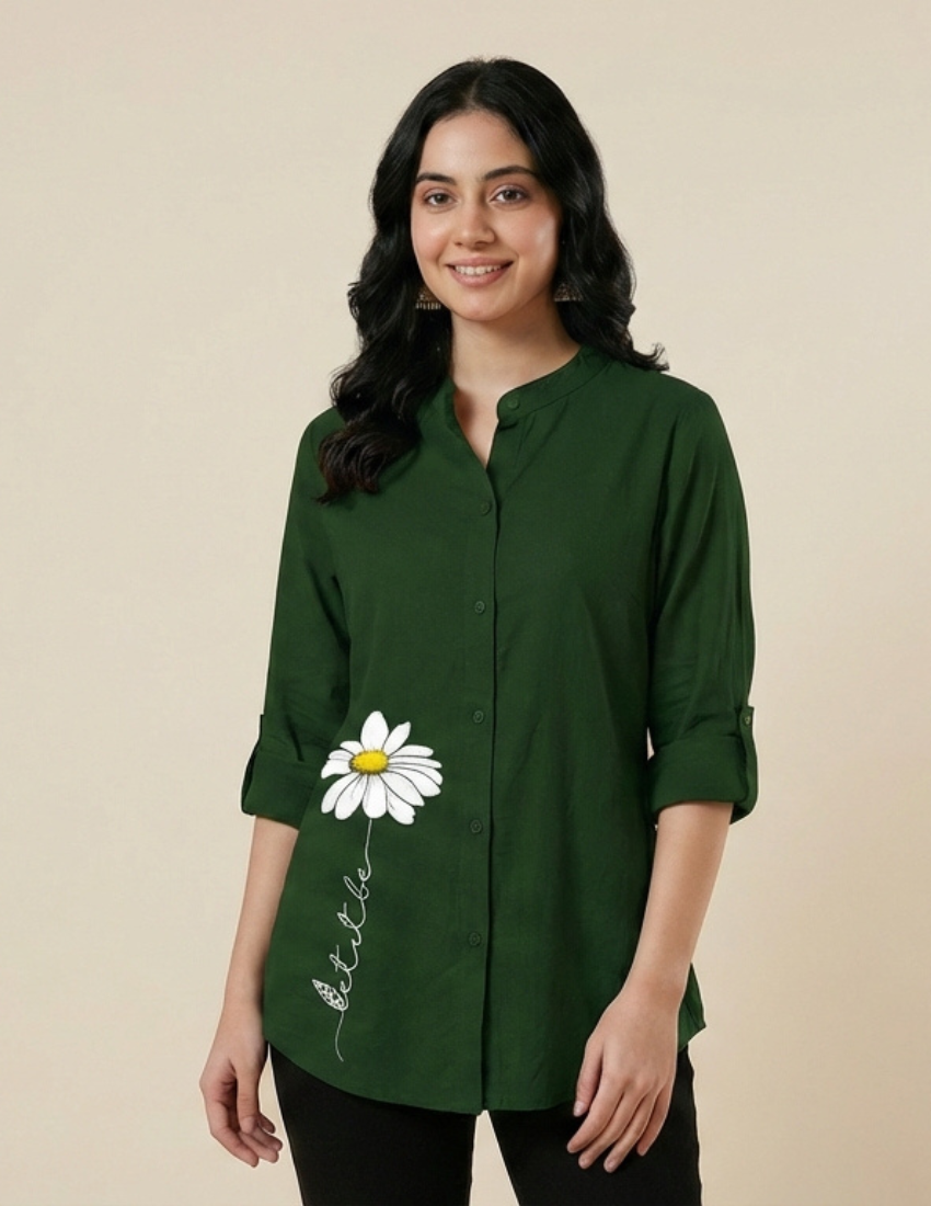 Dark Green Daisy Printed Western Top