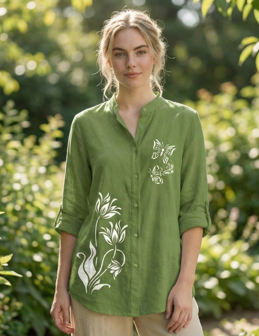 Butterfly Print Casual Women’s Top - Leaf Green