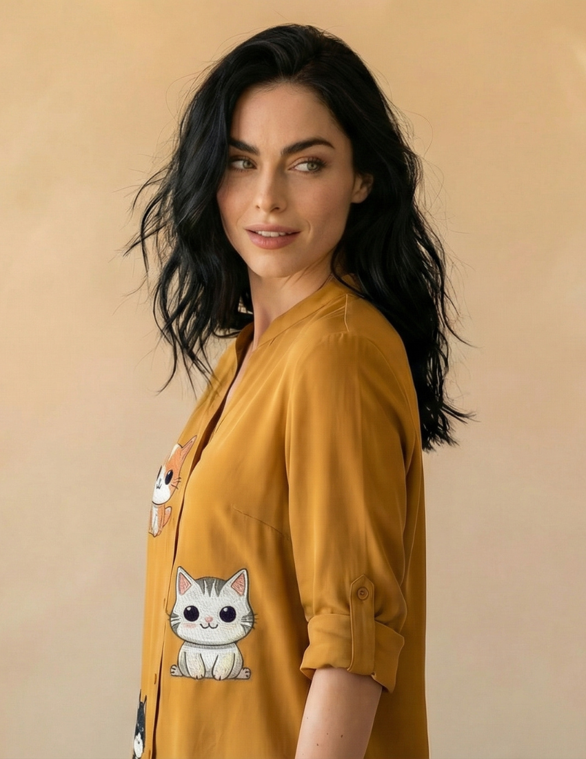 Women’s Cute Cat Printed Golden Ochre Top