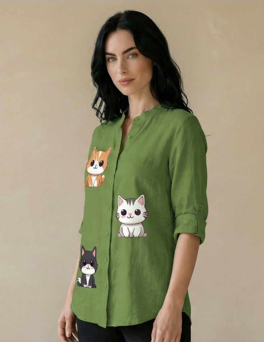 Women’s Cat Printed Trendy Top – Lime Green