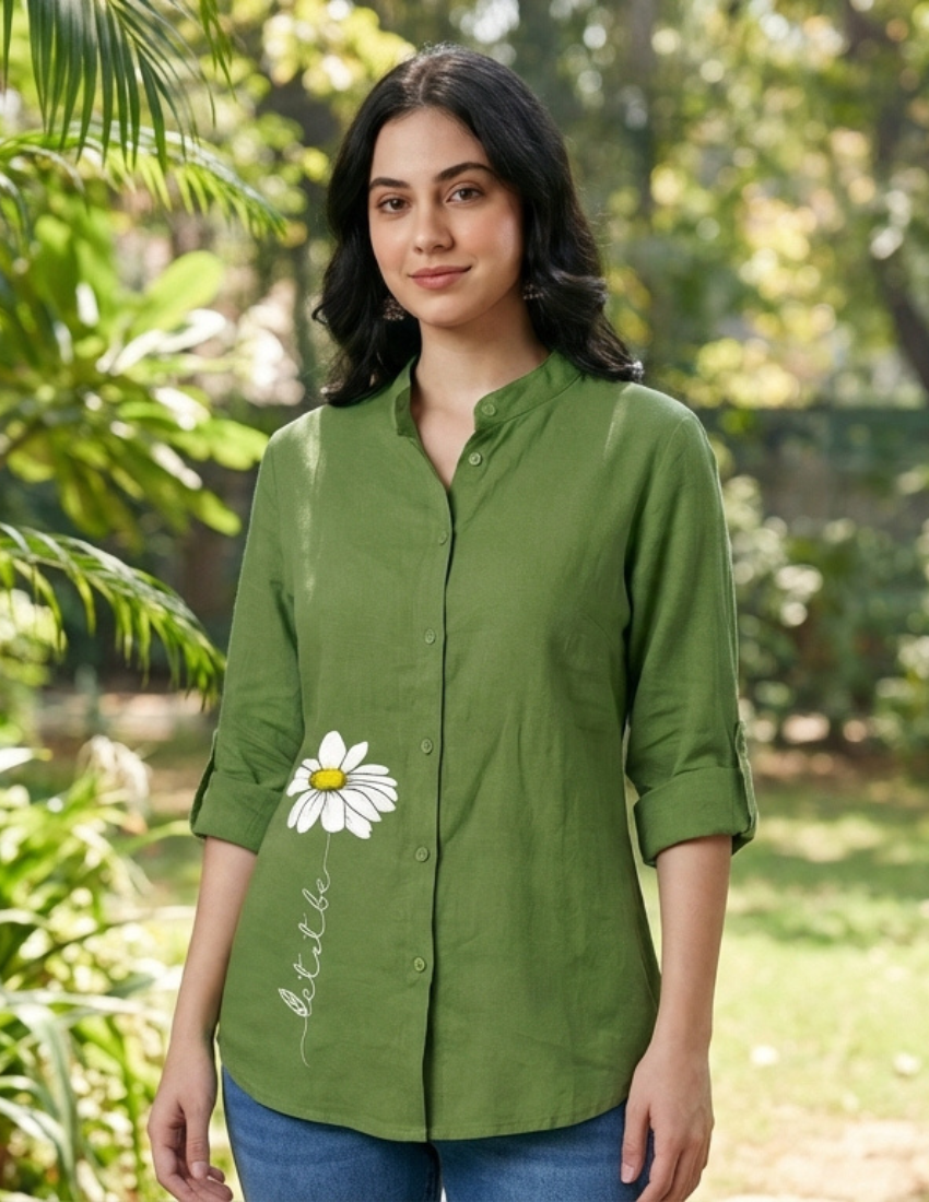 Green Daisy Printed Western Long Top