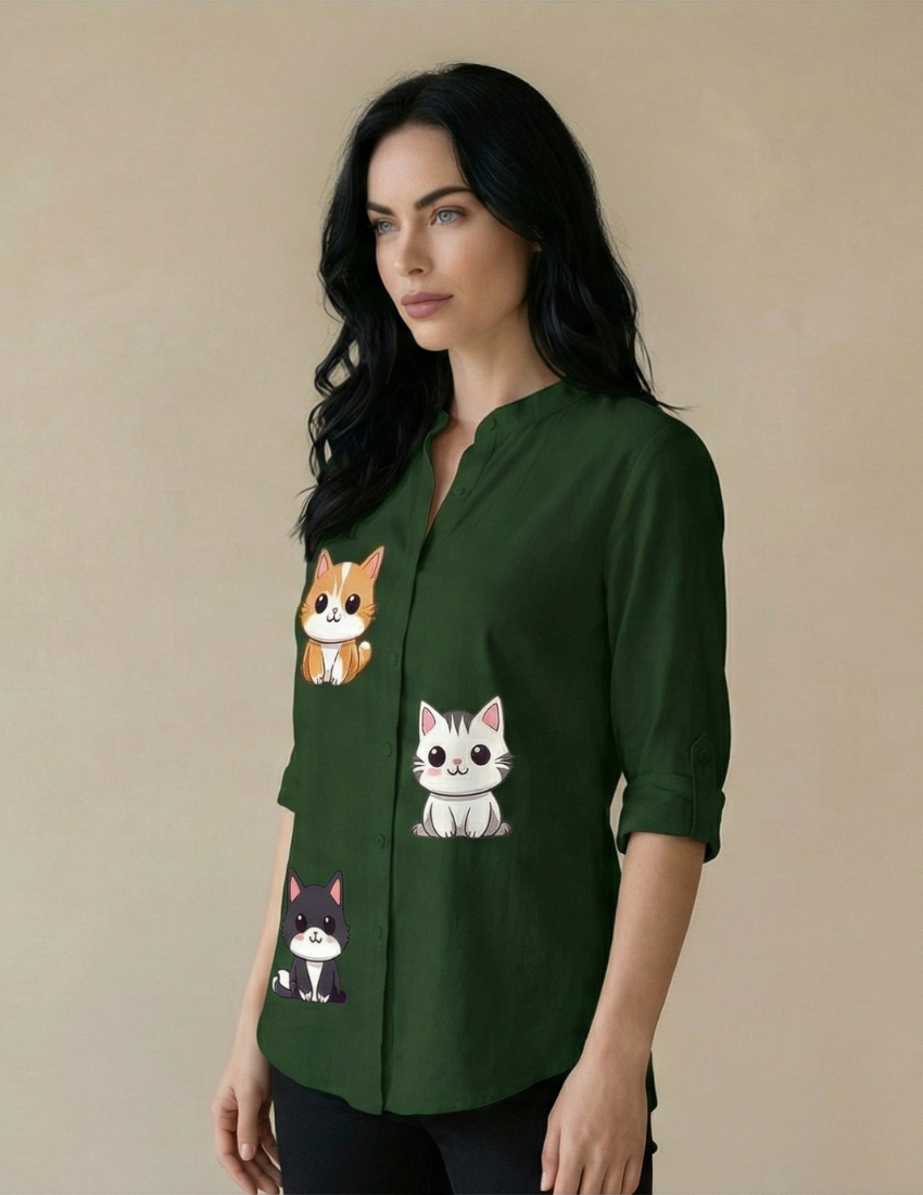 Hunter Green Playful Cats Print Women's Top