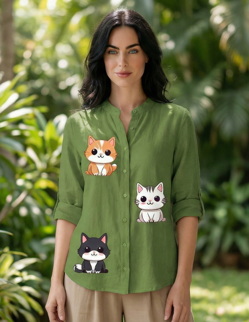 Women’s Cat Printed Trendy Top – Lime Green