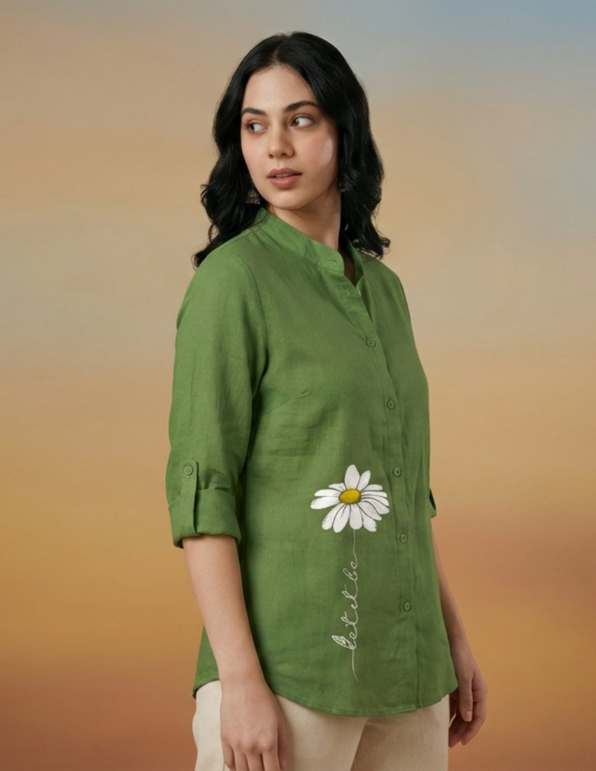 Green Daisy Printed Western Long Top