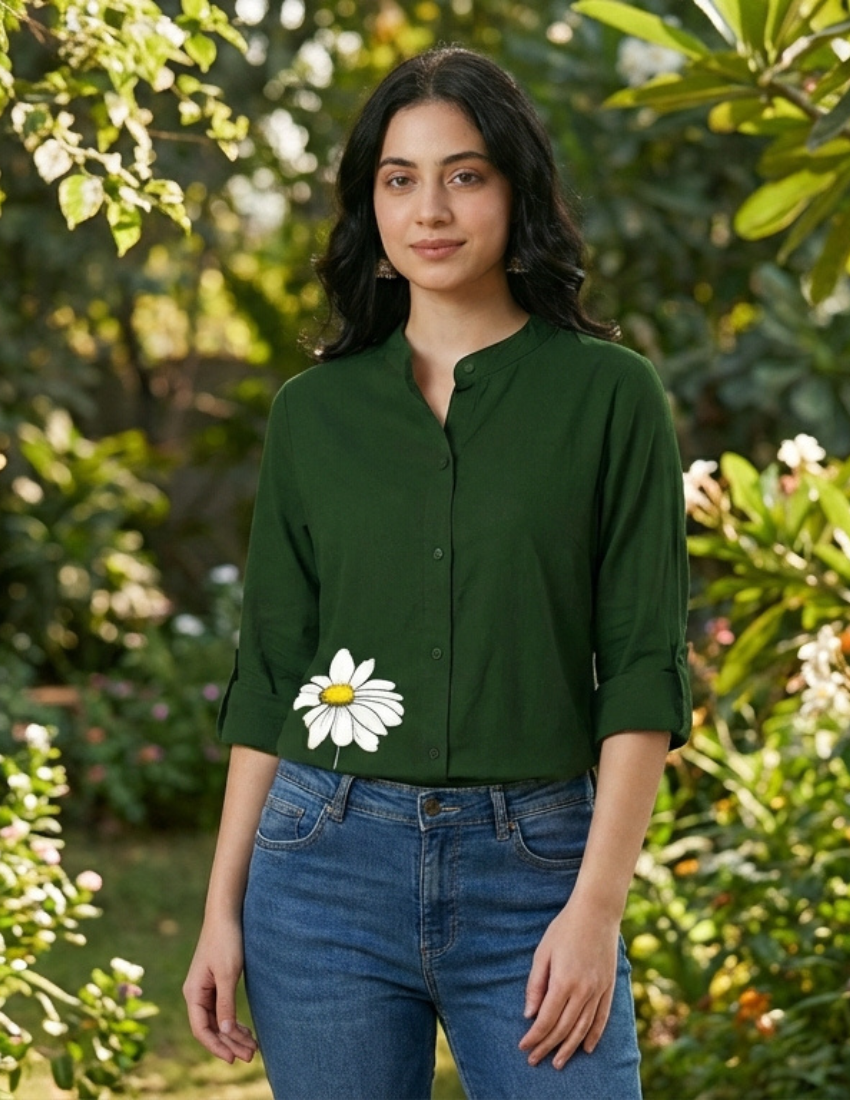 Dark Green Daisy Printed Western Top