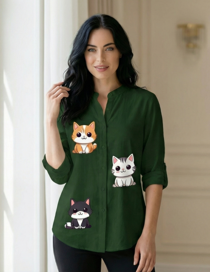 Hunter Green Playful Cats Print Women's Top