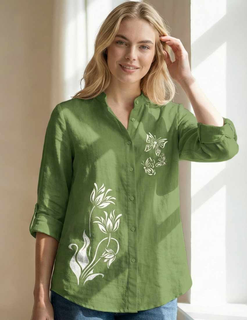 Butterfly Print Casual Women’s Top - Leaf Green