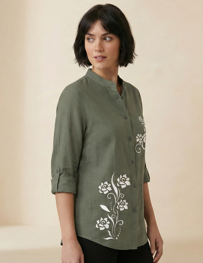 Rose Vine Printed Grey Button-Down Top